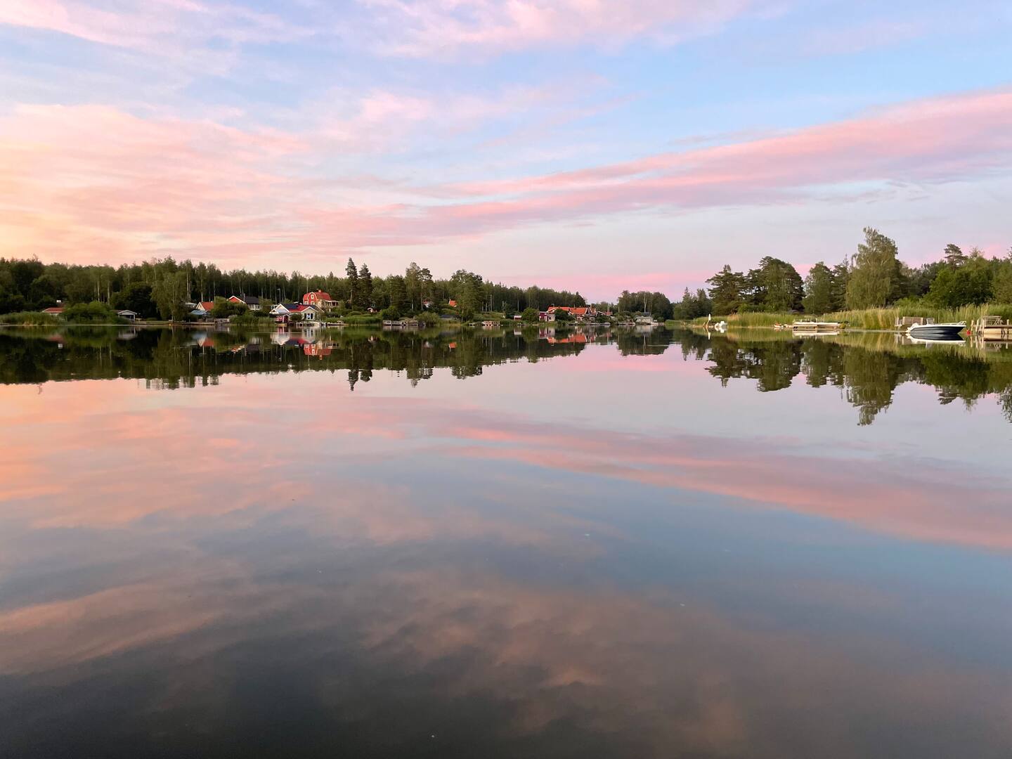 Evening light over still water