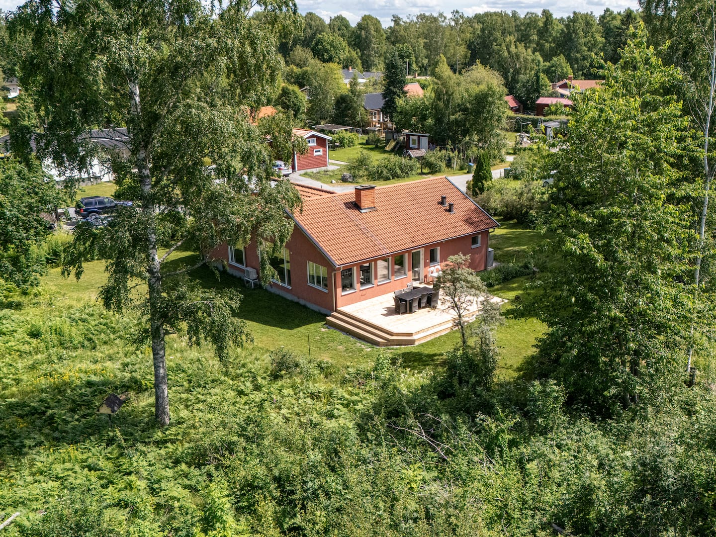 The house surrounded by greenery, seen from above